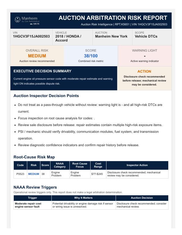 CarDr Auction Arbitration Risk Report RPT.K5651 — 2018 Honda Accord, medium risk, oil pressure sensor code P0523