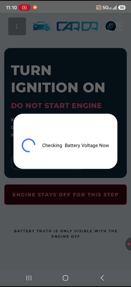 CarDr app checking battery voltage with the ignition on and engine off