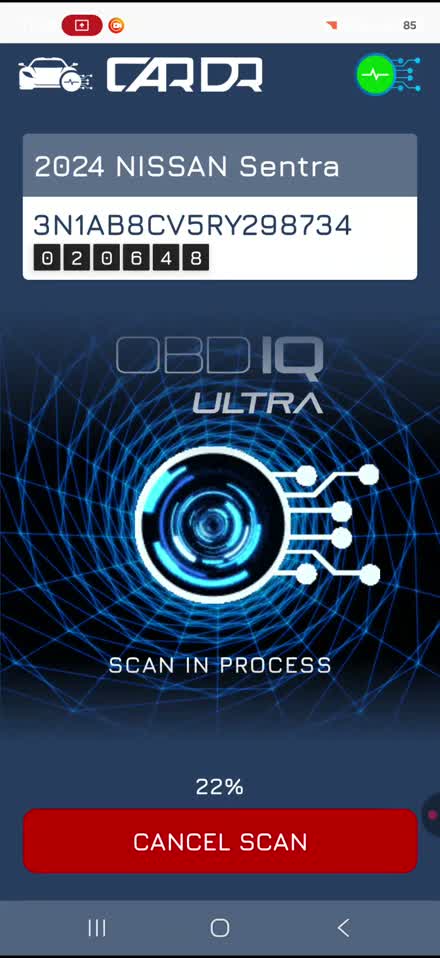 OBD IQ ULTRA scan in process at 22 percent with VIN and odometer decoded