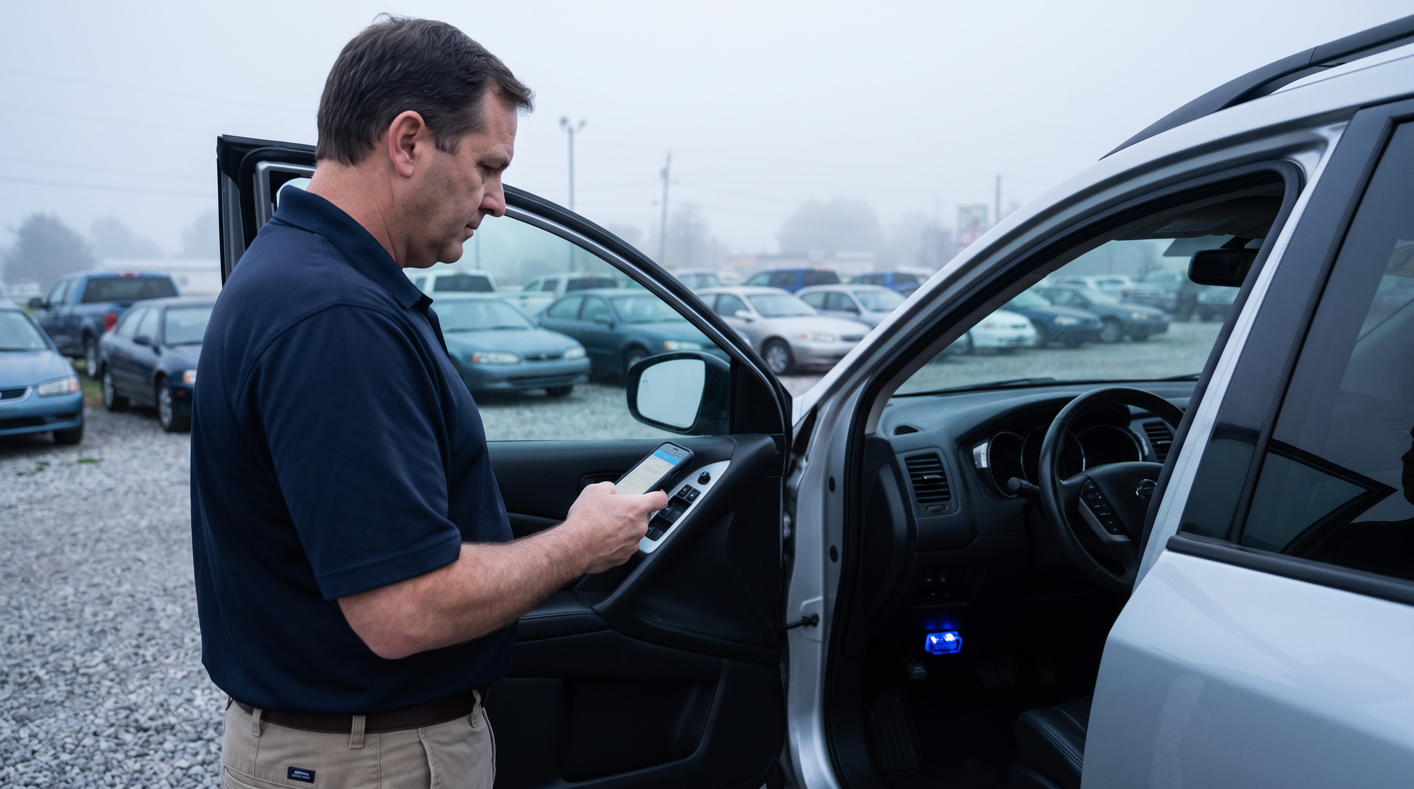 Dealership appraiser scanning a vehicle with the CarDr app