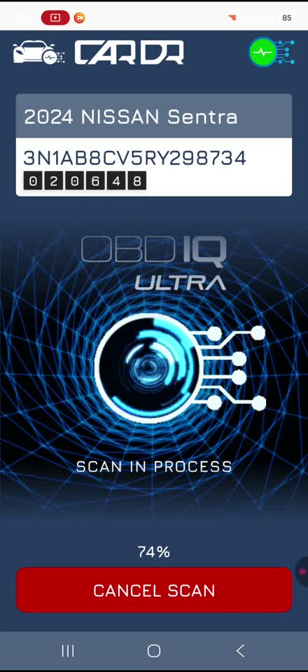 OBD IQ ULTRA scan in process at 74 percent