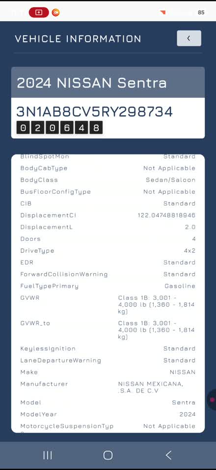 Vehicle information screen showing decoded OEM build data for a 2024 Nissan Sentra